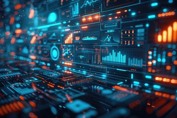 Fototapeta premium free photo of man works on a computer and conducts analysis using neural networks. Worldwide interface. The young man absorbs information. Technology concept