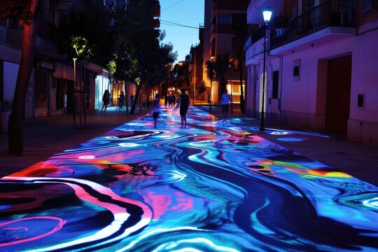 a man standing in front of a wall with a light painting on it, Glowing street art installations