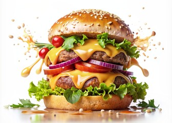 Delicious burger with many ingredients isolated on white background Tasty cheeseburger splash sauce