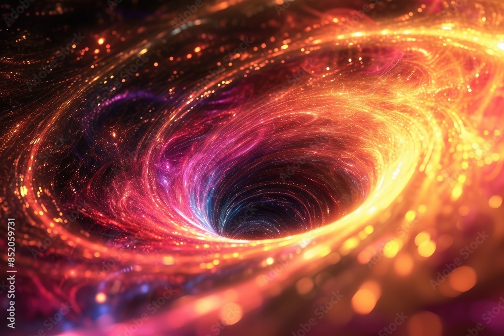 Poster a spiral shaped object with a black hole in the middle, investigate the physics of chaos theory