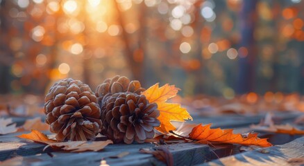 Two Pine Cones on Wooden Surface With Autumn Leaves in Sunlight - Powered by Adobe