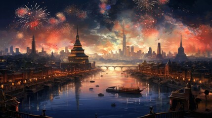 Fototapeta premium Stunning cityscape with a river, bridges, boats, and fireworks illuminating the night sky, creating a magical and festive atmosphere.