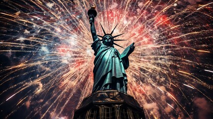 The Statue of Liberty illuminated by vibrant fireworks in the night sky, symbolizing freedom and celebration.