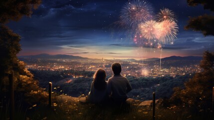 Two people sitting on a hill watching colorful fireworks over a scenic cityscape at night, creating a romantic atmosphere.