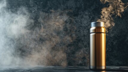 Insulated stainless steel thermos with steam in dark, foggy setting