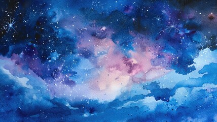 Obraz premium Watercolor painting depicting starry night sky with vivid blue and purple hues
