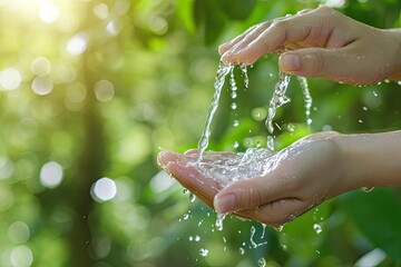 two hands holding water from a stream, Sustainable practices: Create visuals depicting eco-friendly water consumption habits