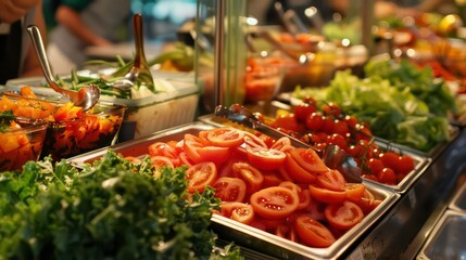 A buffet-style salad bar featuring a variety of salad ingredients, including tomatoes, paprika, and lettuce, catering to vegetarian preferences and emphasizing freshness and variety. Generative AI