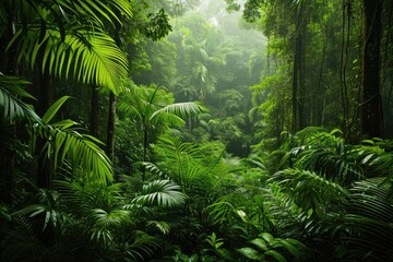 a jungle scene with a rain shower curtain, A lifelike 3D rendering of a lush tropical rainforest