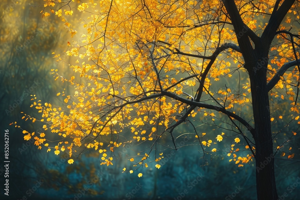 Poster a tree with yellow leaves in the sunlight, vibrant morning images of trees in soft light, creating a