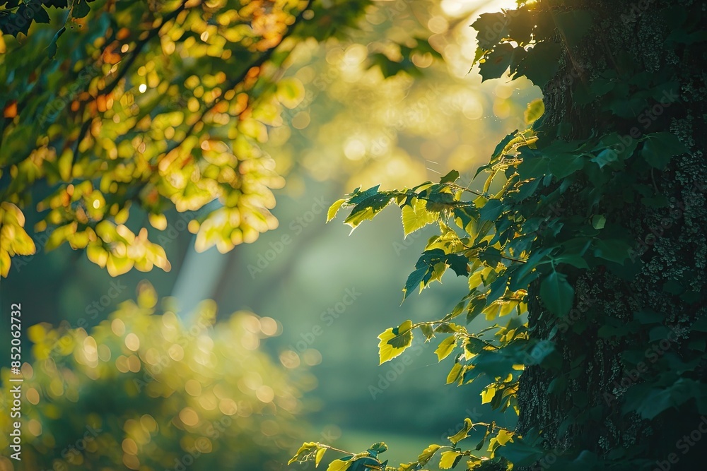 Poster a tree with yellow leaves in the sunlight, vibrant morning images of trees in soft light, creating a