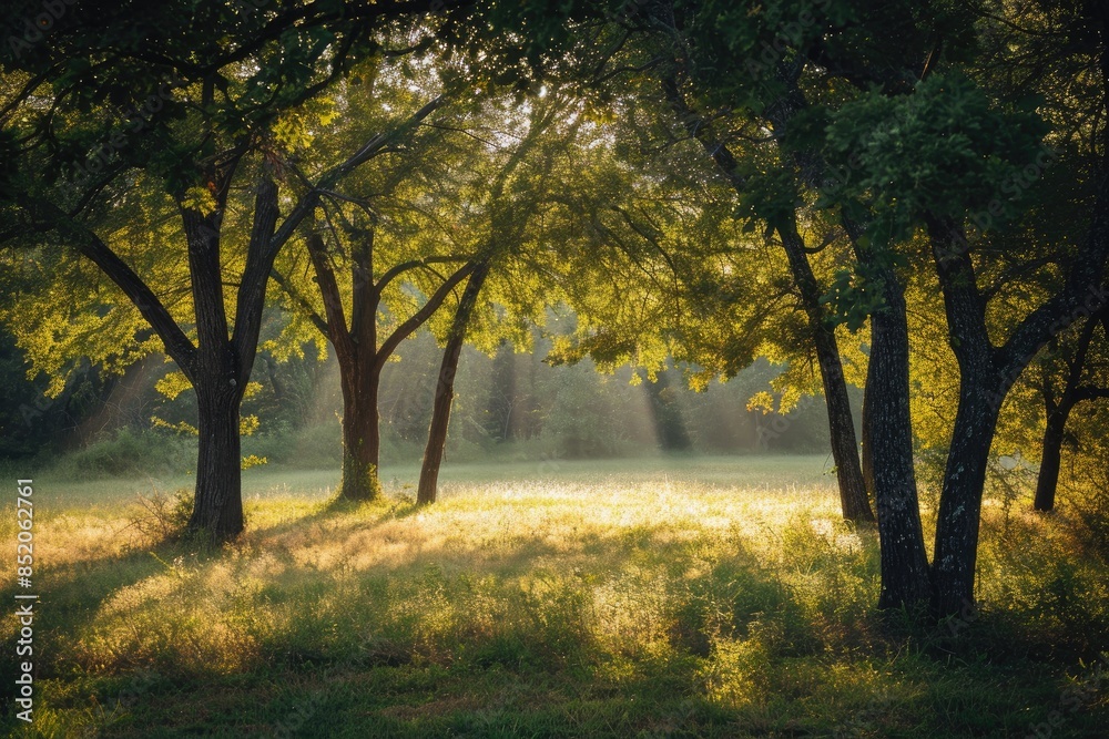 Poster a tree with yellow leaves in the sunlight, vibrant morning images of trees in soft light, creating a
