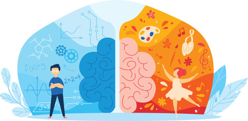 Left side brain hemisphere logic analytical thinking, young man mathematics, formulas, calculations. Right side brain hemisphere creativity, artistic woman ballet dancing, music notes, flowers © Seahorsevector