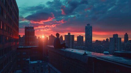 Fototapeta premium Rooftop sunset soft tones balcony warm blue soft light life vibes. Generative AI