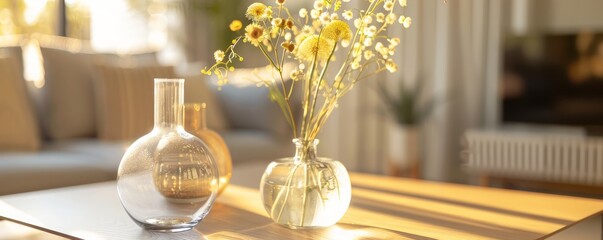 Clear glass vase and glass vase with yellow flowers on a wooden table in a sunlit room
