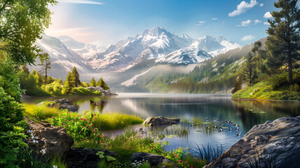 Fototapeta premium Nature backgrounds forests, mountains and lake