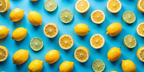 Bright and vibrant pattern of whole and sliced lemons and limes on a blue background - fresh citrus...