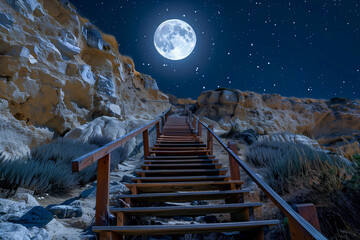 Wooden staircase leading to the moon
