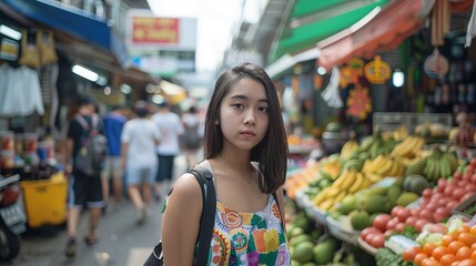 A young Asian traveler walks in an outdoor market in Bangkok, Thailand.