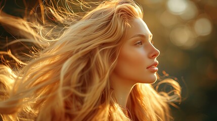 Fototapeta premium A woman with long blonde hair stands in a natural outdoor setting, bathed in the warm glow of sunlight