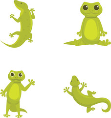 Cartoon gecko icons set cartoon vector. Cute cartoon green lizard. Animal, amphibian