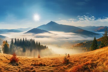 Fototapeta premium An idyllic mountain landscape at sunrise with fog covering the valley. A serene and tranquil scene perfect for backgrounds and nature-themed designs. Generative AI