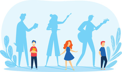 Family silhouette heroes children admiring parents kids looking up adult figures role models shadows. Young girl dreaming becoming artist boy inspired be musician future aspirations imagination