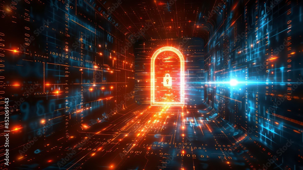 Poster protecting information and data through encryption, requiring a login with username and password for