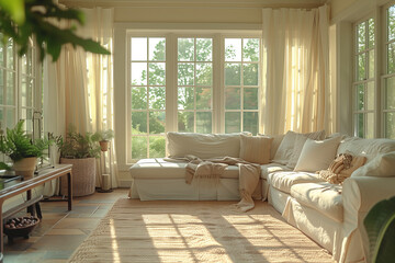 Fototapeta premium Airy sunroom with minimalist design, featuring unadorned windows, muted earth tones, diffused daylight, and sheer fabrics, creating a calm and spacious atmosphere.