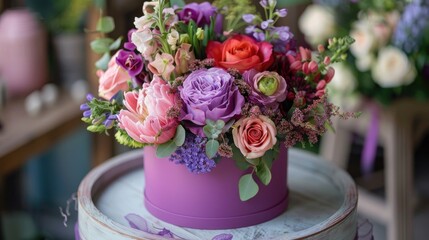 A skilled florist designs a stunning flower arrangement inside a circular box featuring a delightful mix of fresh flowers This arrangement embodies the essence of a charming floral shop con