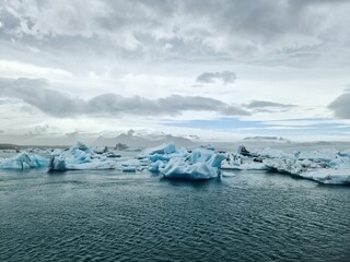 View of the icebergs floating in the water in the famous Glacier Lagoon on Iceland.