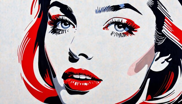 Vibrant pop art portrait of a glamorous woman with red lips and expressive eyes. The bold colors and graphic style create a striking, modern take on classic beauty, evoking a sense of nostalgia and