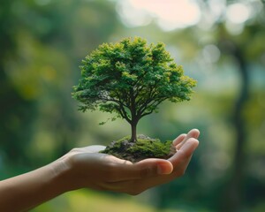 Hand holding a small tree. AI.