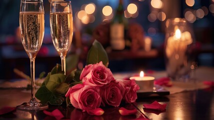 Obraz premium Enjoy a delightful combination of champagne and a stunning rose bouquet set amidst a romantic ambiance with a candlelit dinner for a truly special evening