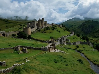 foggy fantasy fortress in misty green mountains - drone shot