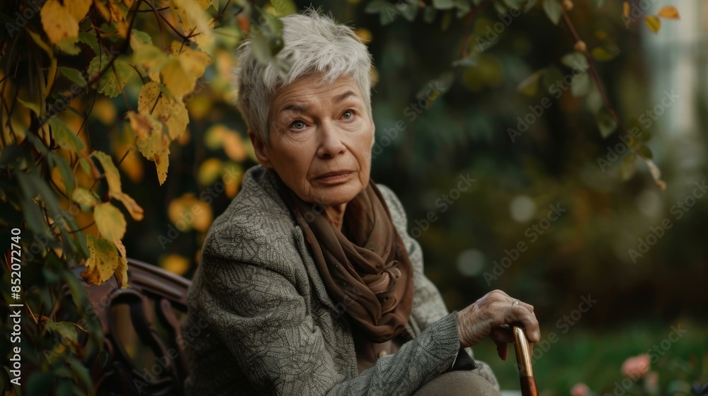 Poster An elderly woman sitting on a bench holding an umbrella. AI.