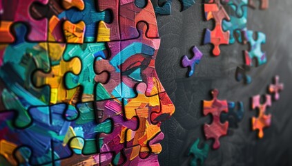 A colorful puzzle of a face with a brain.