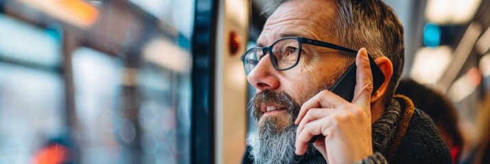 An elderly man with glasses talking on a cell phone while looking out a train's window. AI.
