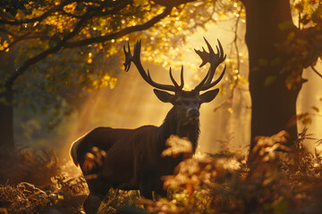 a serene woodland scene captured during the golden hour, a stag with large antlers bathed in warm sunlight, tranquil and picturesque