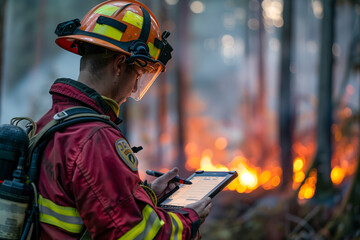 Fireman in Safety Gear Using tablet Reporting on a Situation