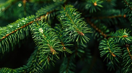 A detailed shot of a deep green pine tree branch up close