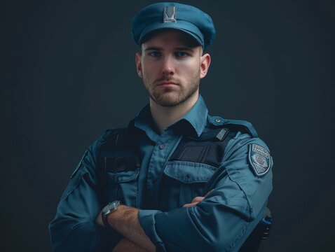 Medium shot of Man wearing Security guard uniform. This piece has been captured shot on kodak ektar