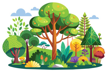 Fototapeta premium cartoon illustration of green trees, clouds, abstract sun on white background and colorful plants