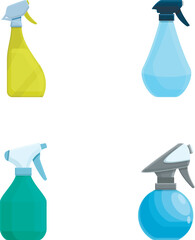 Plastic pistol icons set cartoon vector. Cleaning spray bottle container. Container, packaging