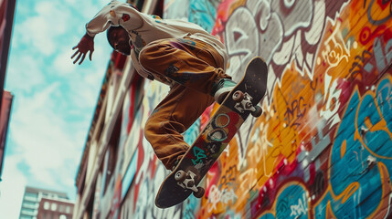 a dynamic action shot of a street skateboarder executing a trick against a vibrant graffiti...