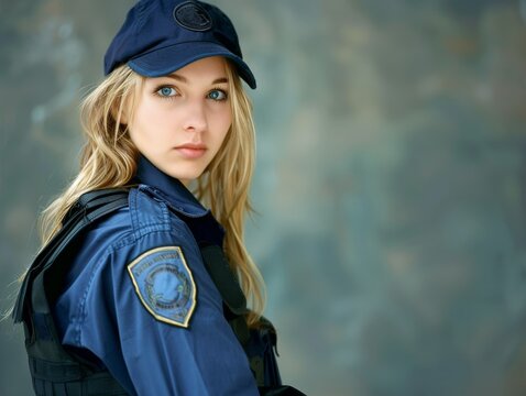 Medium shot of woMan wearing Security guard uniform. This piece has been captured shot on kodak ektar