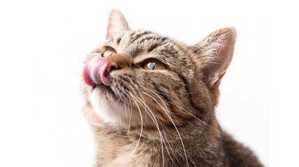 Cat licking its lips post meal against a white backdrop