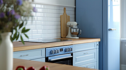 Classic kitchen interior with integrated appliances, a built-in electric oven, a wooden countertop, and a blue fridge beside the drawers