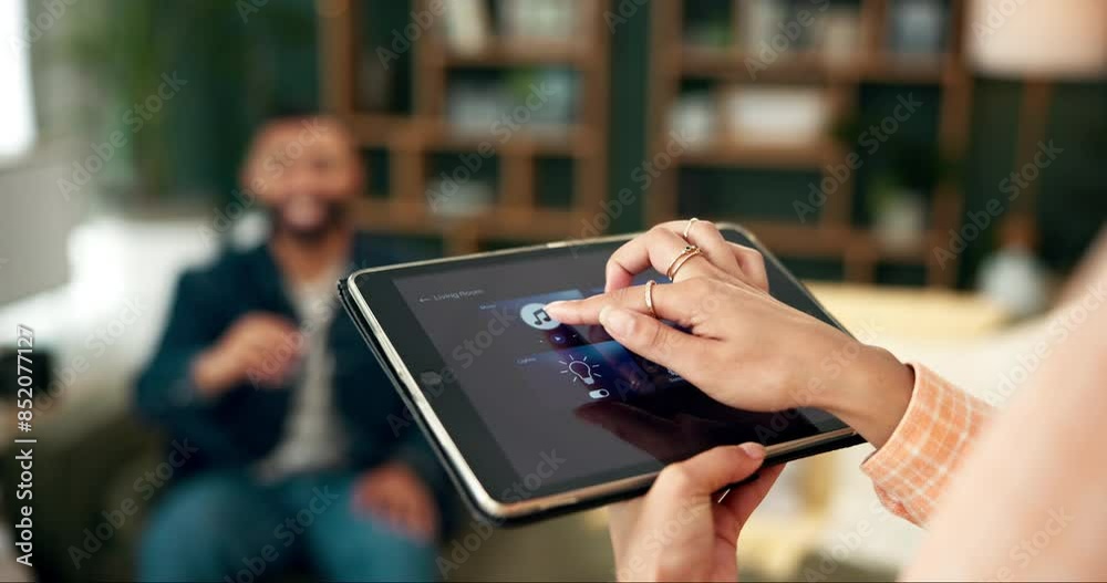 Poster iot, smart home and hands on tablet app to play music with couple of people in living room. digital 