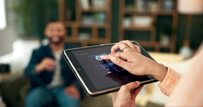 Iot, smart home and hands on tablet app to play music with couple of people in living room. Digital technology, screen or control internet of things for sound, software and audio automation closeup